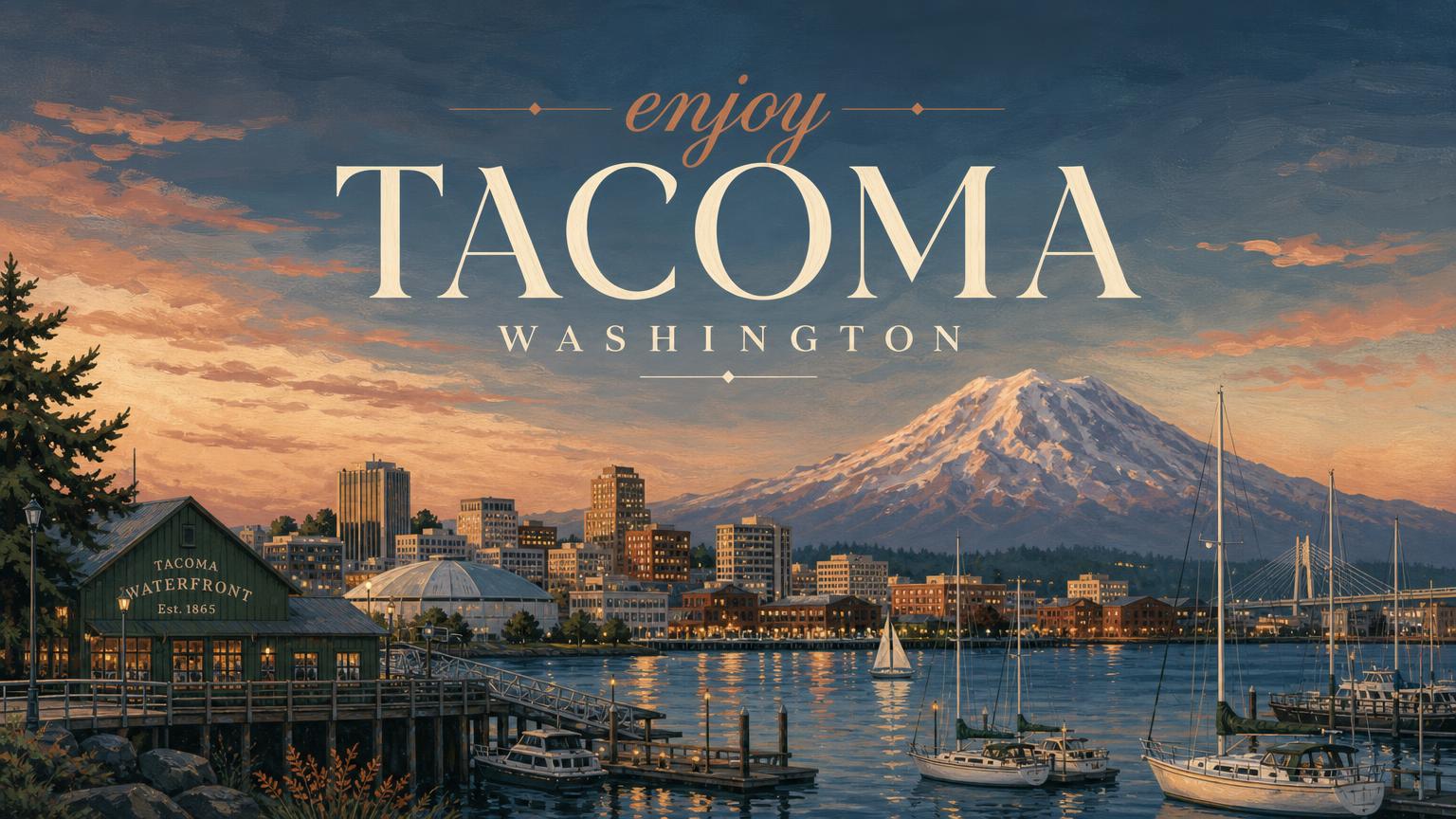 Illustration: a Pacific Northwest port city waterfront at dusk with evergreens and a snow-capped volcano, titled Enjoy Tacoma